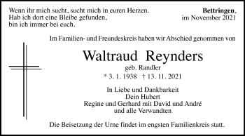 Traueranzeige von Waltraud Reynders von Gmünder Tagespost