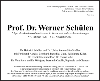 Traueranzeige von Werner Schülen von Schwäbische Post