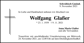 Traueranzeige von Wolfgang Glaßer von Gmünder Tagespost