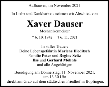 Traueranzeige von Xaver Dauser von Schwäbische Post