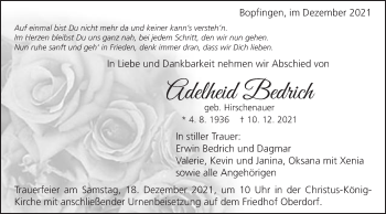 Traueranzeige von Adelheid Bedrich von Schwäbische Post