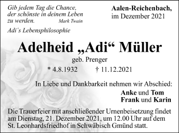 Traueranzeige von Adelheid Müller von Gmünder Tagespost
