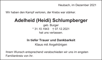 Traueranzeige von Adelheid Schlumpberger von Gmünder Tagespost