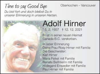 Traueranzeige von Adolf Hirner von Amtsblatt_Oko