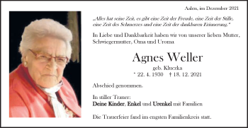 Traueranzeige von Agnes Weller von Schwäbische Post