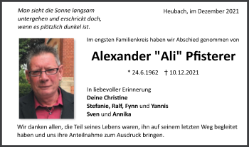 Traueranzeige von Alexander Pfisterer von Gmünder Tagespost