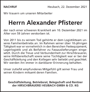 Traueranzeige von Alexander Pfisterer von Gmünder Tagespost