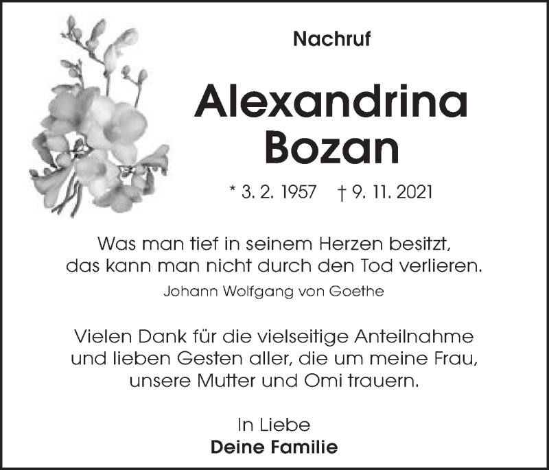  Traueranzeige für Alexandrina Bozan vom 09.12.2021 aus Schwäbische Post