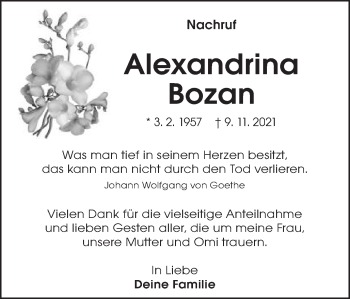 Traueranzeige von Alexandrina Bozan von Schwäbische Post