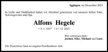 Traueranzeige von Alfons Hegele