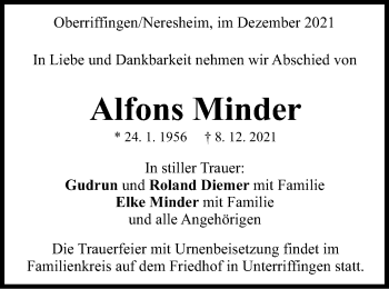 Traueranzeige von Alfons Minder von Schwäbische Post