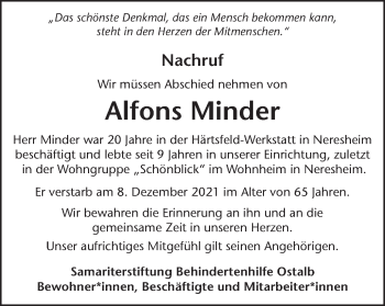 Traueranzeige von Alfons Minder von Schwäbische Post