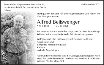 Traueranzeige von Alfred Beißwenger von Schwäbische Post