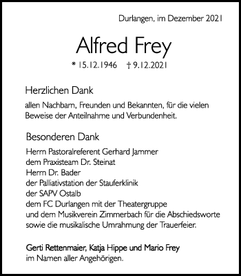 Traueranzeige von Alfred Frey von Gmünder Tagespost