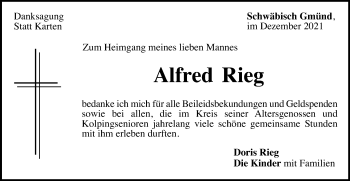 Traueranzeige von Alfred Rieg von Gmünder Tagespost