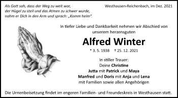 Traueranzeige von Alfred Winter von Schwäbische Post