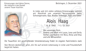 Traueranzeige von Alois Haag von Gmünder Tagespost