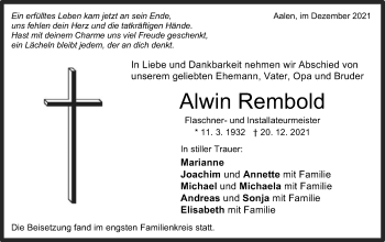 Traueranzeige von Alwin Rembold von Schwäbische Post