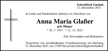 Traueranzeige von Anna Maria Glaßer von Gmünder Tagespost