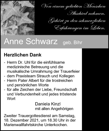 Traueranzeige von Anne Schwarz von Schwäbische Post