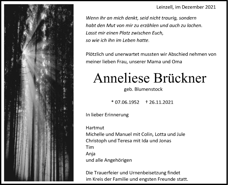  Traueranzeige für Anneliese Brückner vom 14.12.2021 aus Gmünder Tagespost