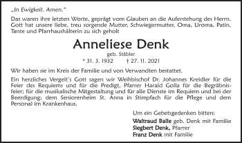 Traueranzeige von Anneliese Denk von Schwäbische Post