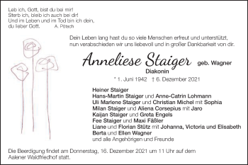 Traueranzeige von Anneliese Staiger von Schwäbische Post