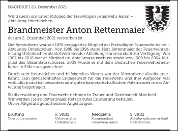 Traueranzeige von Anton Rettenmaier von Schwäbische Post