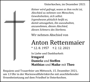Traueranzeige von Anton Rettenmaier von Schwäbische Post