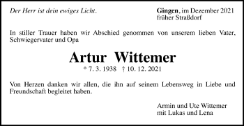 Traueranzeige von Artur Wittemer von Gmünder Tagespost