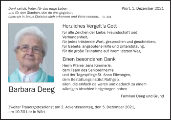 Traueranzeige von Barbara Deeg von Schwäbische Post