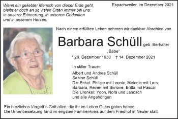 Traueranzeige von Barbara Schüll von Schwäbische Post