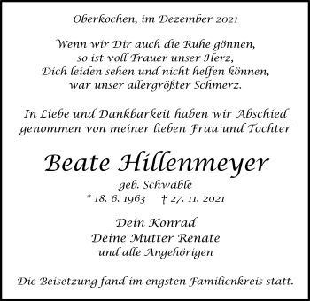 Traueranzeige von Beate Hillenmeyer von Amtsblatt_Oko