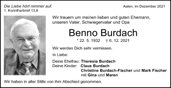 Traueranzeige von Benno Burdach von Schwäbische Post