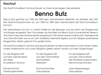 Traueranzeige von Benno Butz