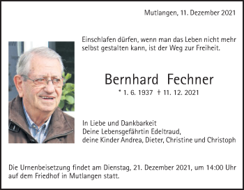 Traueranzeige von Bernhard Fechner von Gmünder Tagespost