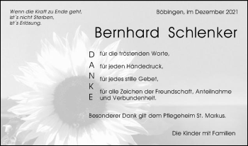 Traueranzeige von Bernhard Schlenker von Gmünder Tagespost
