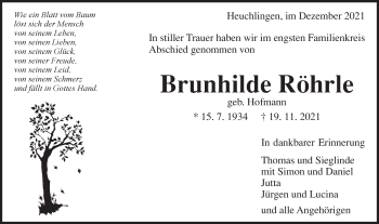 Traueranzeige von Brunhilde Röhrle von Gmünder Tagespost