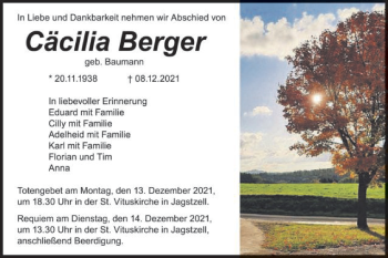 Traueranzeige von Cäcilia Berger von Schwäbische Post