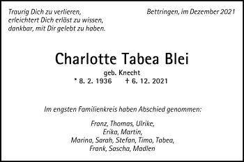 Traueranzeige von Charlotte Tabea Blei von Gmünder Tagespost