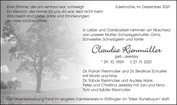 Traueranzeige von Claudia Rienmüller von Schwäbische Post