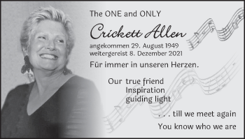 Traueranzeige von Crickett Allen von Schwäbische Post