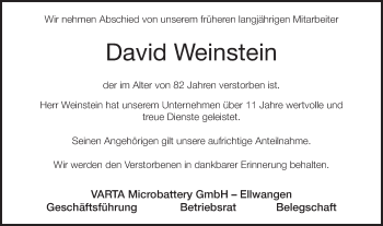Traueranzeige von David Weinstein von Schwäbische Post