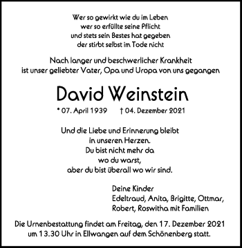 Traueranzeige von David Weinstein von Schwäbische Post