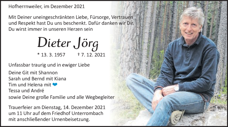  Traueranzeige für Dieter Jörg vom 11.12.2021 aus Schwäbische Post