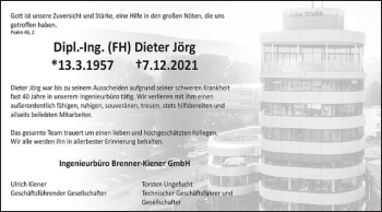 Traueranzeige von Dieter Jörg von Schwäbische Post