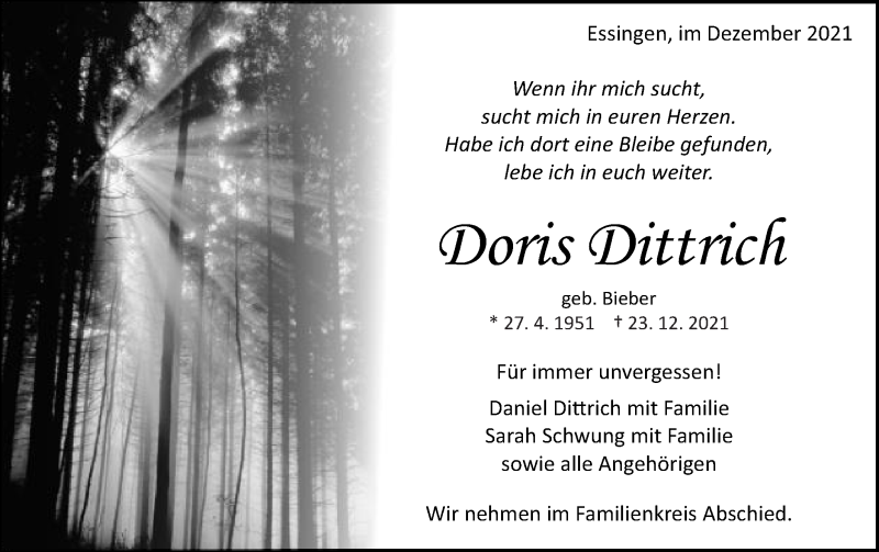  Traueranzeige für Doris Dittrich  vom 30.12.2021 aus Schwäbische Post