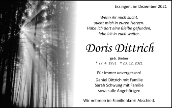 Traueranzeige von Doris Dittrich  von Schwäbische Post