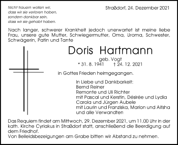 Traueranzeige von Doris Hartmann von Gmünder Tagespost