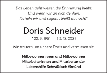 Traueranzeige von Doris Schneider von Gmünder Tagespost